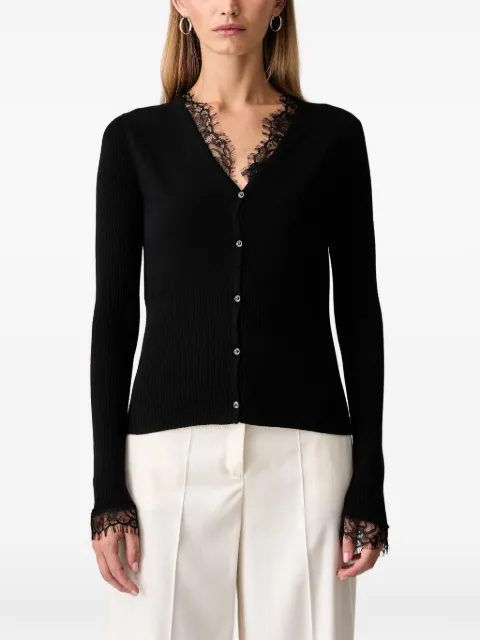 PINKO lace-trim ribbed-knit wool cardigan Black 107267A3I0