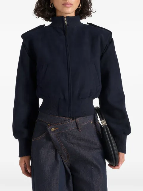 Manière De Voir Delfina in navy suede layered-shoulder cropped bomber jacket Blue WMN4702
