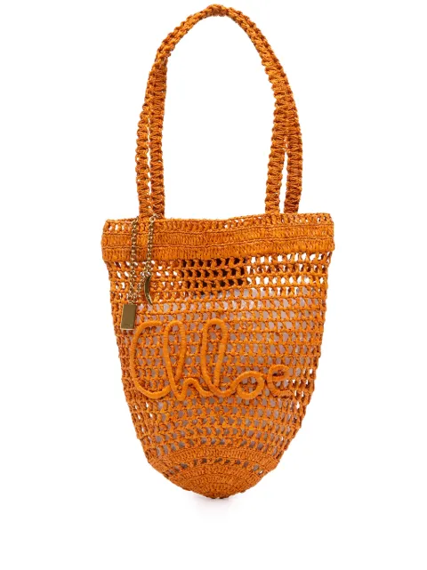 Chloé Pre-Owned 2025 Small Raffia Embroidered Logo Summer Banana tote bag Orange ZI0DCBLLHJ1ITM8E