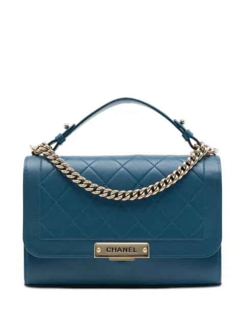 CHANEL Pre-Owned 2016-2017 Medium Quilted Grained Calfskin Label Click Top Handle Flap satchel Blue D6YNVCWBQXUCSKSW