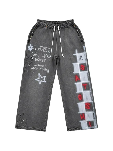 SATOSHI NAKAMOTO Get What I Want distressed graffiti-print trousers Grey SS26PNT009