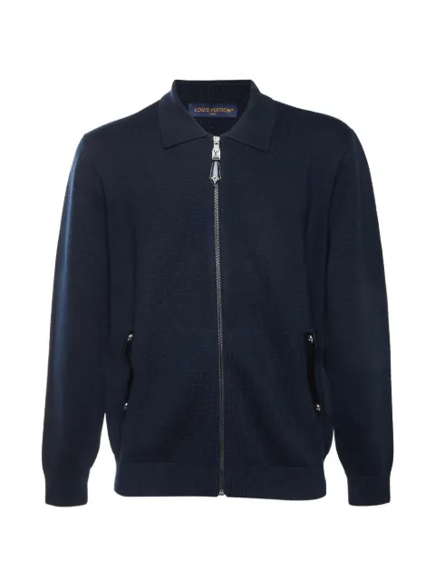 Louis Vuitton Pre-Owned leather-trim knit jacket Blue 1401759