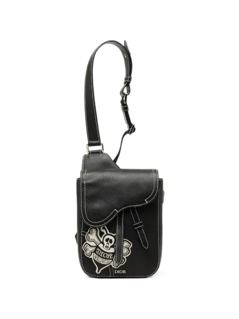 Christian Dior Pre-Owned 2020 Stussy Bee Applique Calfskin Saddle crossbody bag Black IQP61BB6ZBKIBX1D