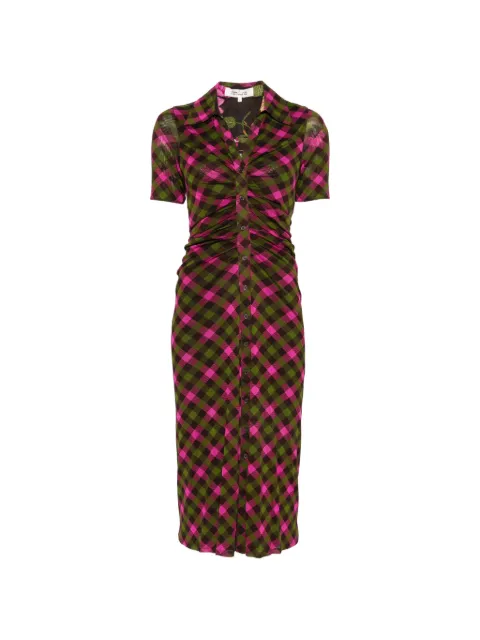 DVF Diane von Furstenberg Zoey gingham-print ruched midi dress Green D878E