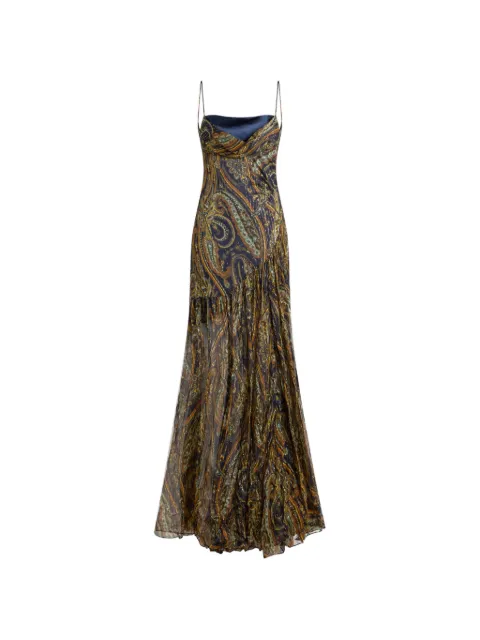 ETRO long silk dress with draping and Paisley motif Brown WRHA069399SAA18