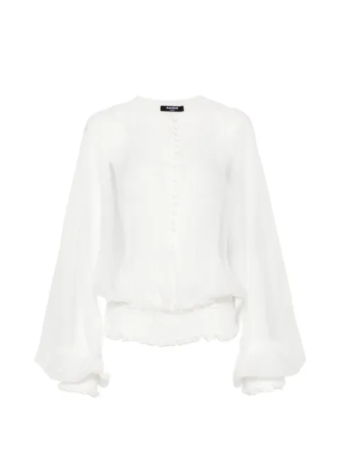 Balmain smocked-waist silk-chiffon blouse White HF1HR156SB03