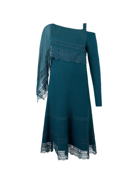 Alberta Ferretti asymmetrical lace-trim A-line mid-length dress Blue A04865100