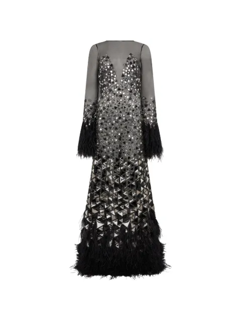 Alberta Ferretti feather-trim mirrored A-line maxi dress Black A04415154