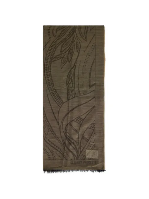 Alberta Ferretti leaf-pattern frayed-edge scarf Brown A33086668