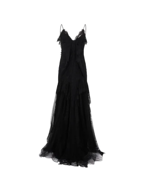 Alberta Ferretti lace-trim layered V-neck flared maxi dress Black A04215145
