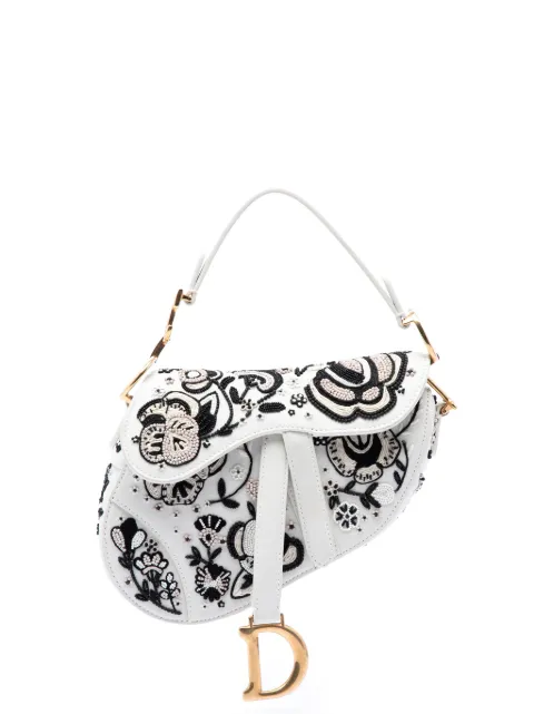 Christian Dior Pre-Owned 2018 Mini Calfskin Embroidered and Beaded Saddle Bag satchel White 9MDR8L09MPOZ5L0K