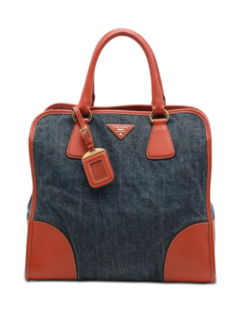 Prada Pre-Owned 2000-2013 Saffiano Trimmed Denim Open Convertible Tote satchel Brown VQ566TFTS4R4XSPK