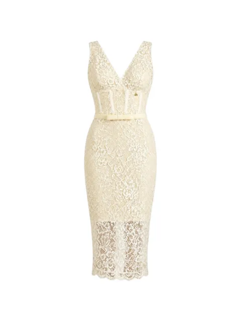 DiveDivine lace-overlay belted midi dress Yellow ABITOMEGAN