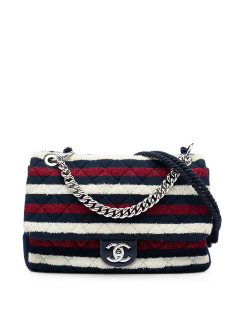 CHANEL Pre-Owned 2018-2019 Jumbo Stripe Jersey Felt and Rope Flap satchel Blue 143N24FUM6DHGD5A