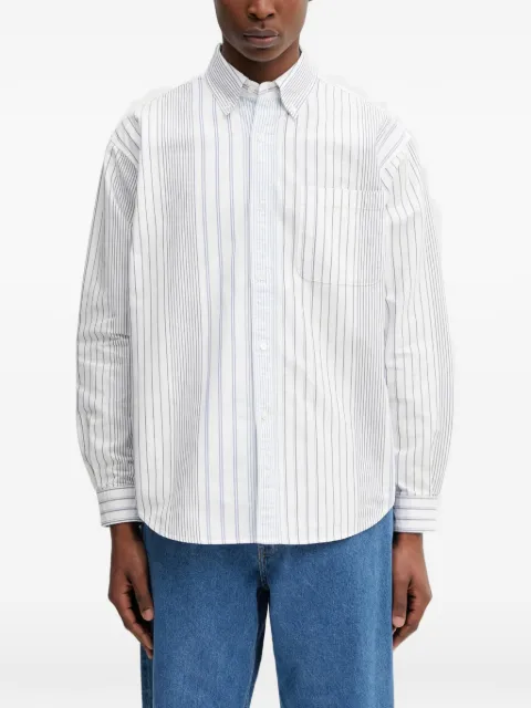 BEAMS vertical-stripe patch-pocket shirt White 11111213301