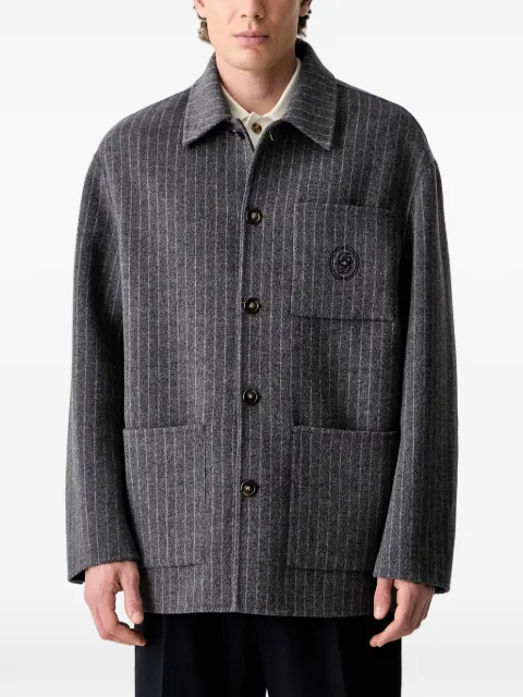 Drôle De Monsieur pinstripe-pattern logo-embroidered shirt jacket Grey LJT295WO041
