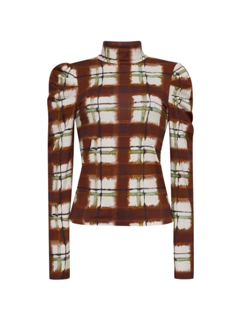 Cara Cara Chira plaid puff-sleeve T-shirt Brown 3251