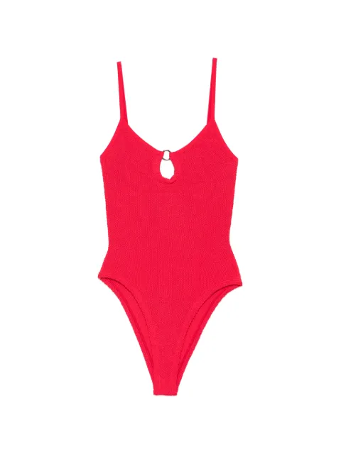 Hunza G ring-detail crinkle swimsuit Red STONICR