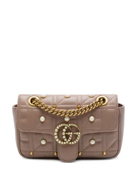 Gucci Pre-Owned 2016-2026 Small GG Marmont Pearl Studded Matelasse Calfskin Aria shoulder bag Brown 14WNWHCT7H5JLY8W