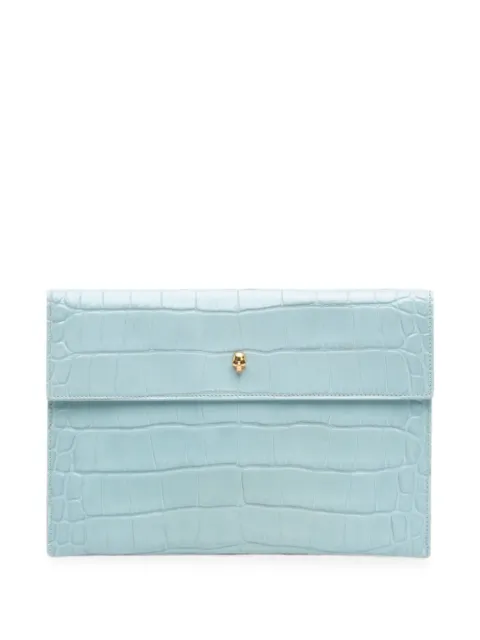 Alexander McQueen Pre-Owned 2020-2026 Croc Embossed Leather Skull clutch bag Blue 2ZMD1UOV5KRC78S7