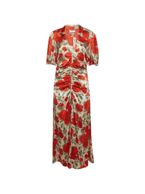 GANNI rose-print ruched midi dress Neutrals 1381452