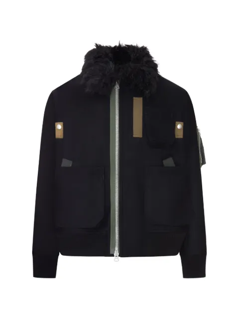 sacai Melton faux-fur collar wool jacket Black 2604081M