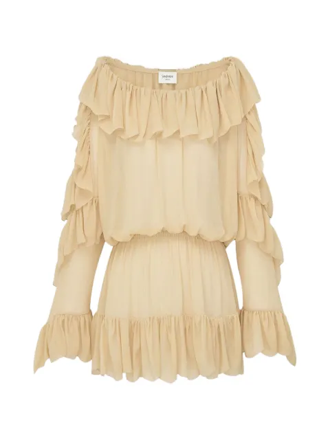 Saint Laurent ruffled dress in silk crepon muslin Neutrals 872211Y3K45
