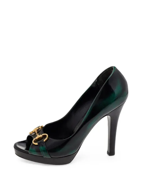 Gucci Pre-Owned Horsebit peep-toe leather heeled pumps Green 557764