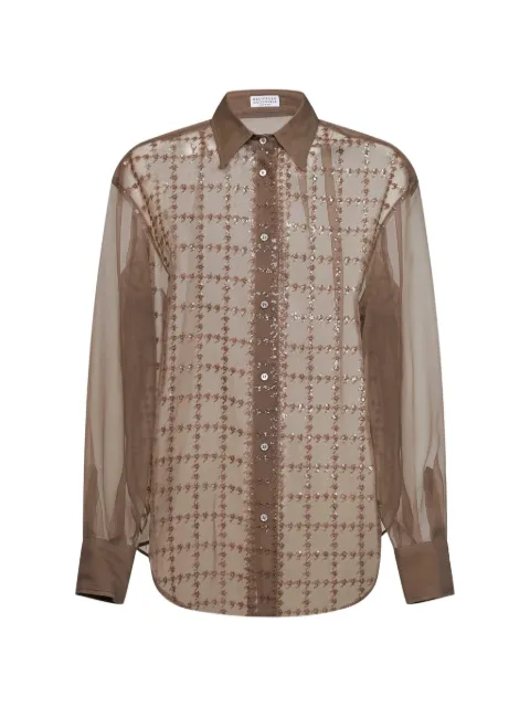 Brunello Cucinelli sequin-embroidered check shirt Brown MF940M3D06C8909