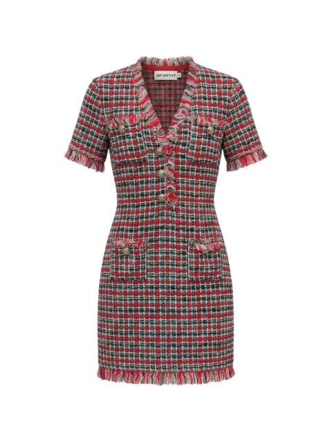 Self-Portrait red-check frayed knit mini dress Red AW26146SBR