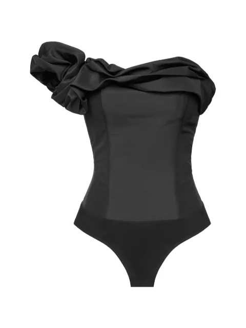 POST MERIDIEM one-shoulder ruffled bodysuit Black BODYSUITWITHWAVEDETAILONTHEBUST