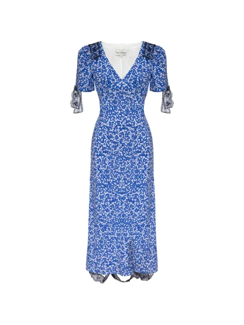 POST MERIDIEM floral-print lace-trim midi dress Blue FITTEDLACEMIDIDRESSWITHSHORTSLEEVES