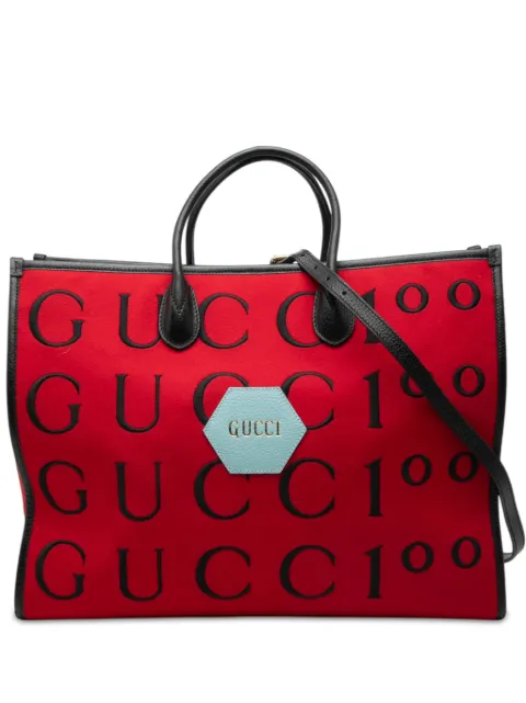 Gucci Pre-Owned 2016-2026 100th Anniversary Calfskin Trimmed Felt Script Logo Shopping Tote satchel Red 4VYRNUNPBEDJ8BL0