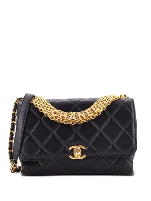 CHANEL Pre-Owned Crystal Logo Letters Chain Handle Flap Bag Quilted Lambskin Medium shoulder bag Black SSDPF393JM6CO5RB
