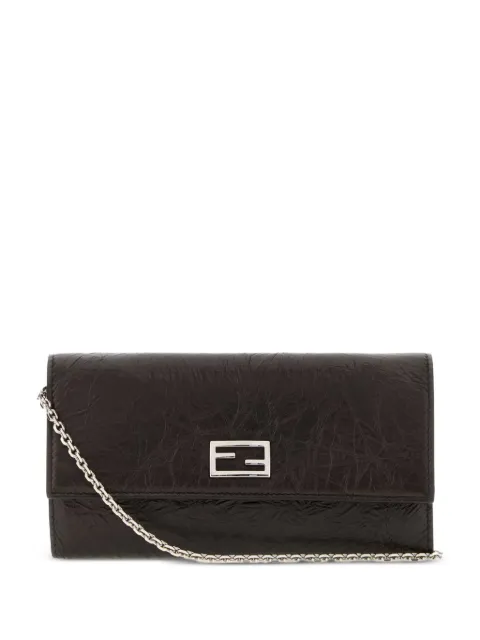 FENDI Tube Continental with chain black cracked leather wallet Black 8M0596B14M