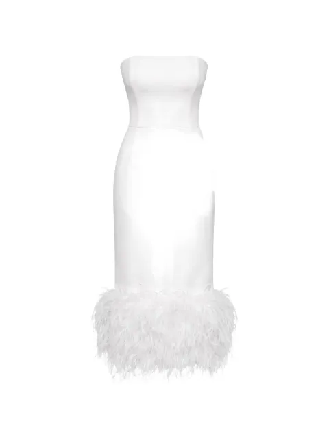 POST MERIDIEM feather-trim satin midi dress White FEATHERDETAILSATINSHEATHDRESS