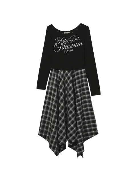 Musium Div. long-sleeved checkered-skirt asymmetric midi dress Black MMUDSW01407X