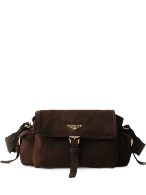 Prada Explore medium suede shoulder bag with flap Brown 1BD394VNOO008