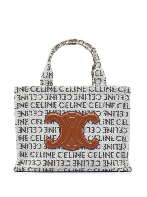 Celine Pre-Owned 2023 Small All Over Logo Print Canvas Cuir Triomphe Cabas Thais satchel White U392MCJL7PVVYYEK