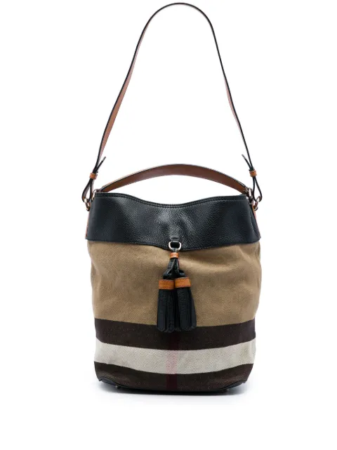 Burberry Pre-Owned 2000-2017 Medium Mega Check Canvas and Grained Calfskin Ashby Tassel Bucket Bag satchel Brown NNMGN1HIRS7G0X70