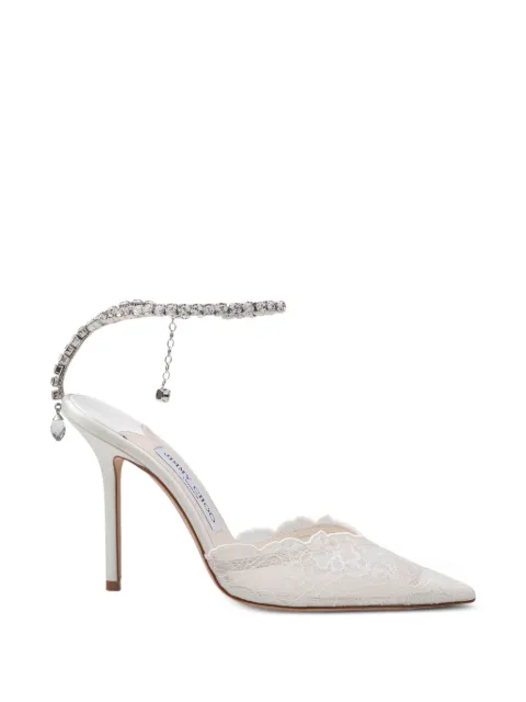 Jimmy Choo Saeda 100 ivory lace pumps with crystal chain anklet White SAEDA100GQV000784
