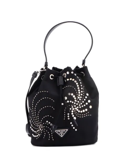 Prada Pre-Owned Top Handle Bead Embellished Re-Nylon Mini bucket bag Black YJB8JD6FE328XLBP