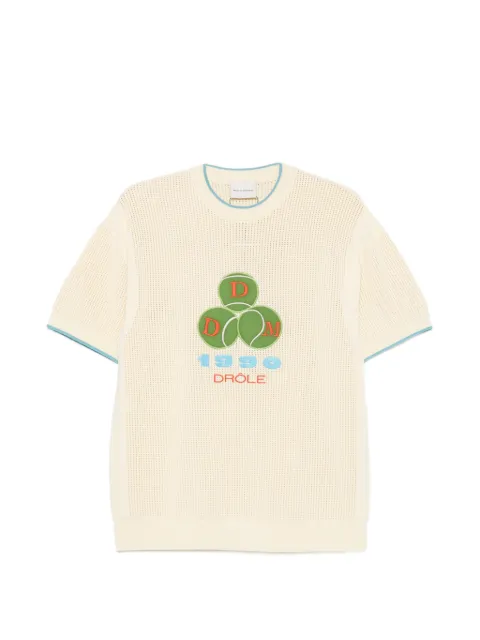 Drôle De Monsieur logo-patch open-knit T-shirt Neutrals LPO231CO207OW