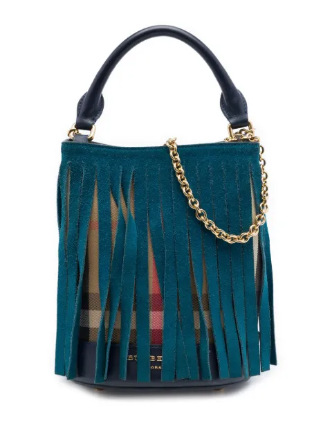 Burberry Pre-Owned 2000-2017 Prorsum House Check Canvas and Suede Fringe Bucket Bag satchel Blue SJYVJ030ETUTRZLO