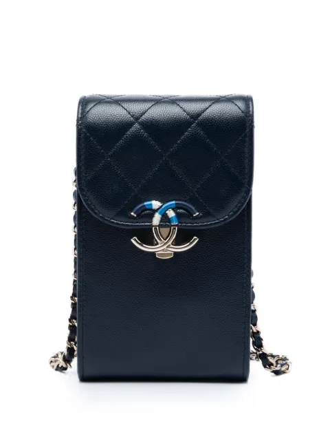 CHANEL Pre-Owned 2021 Caviar Thread Around Phone Holder with Chain crossbody bag Blue 3KO1W9GLZYQQRNGO