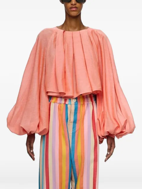 Marrakshi Life The Cropped pleated-detail balloon-sleeve blouse Orange R26O54