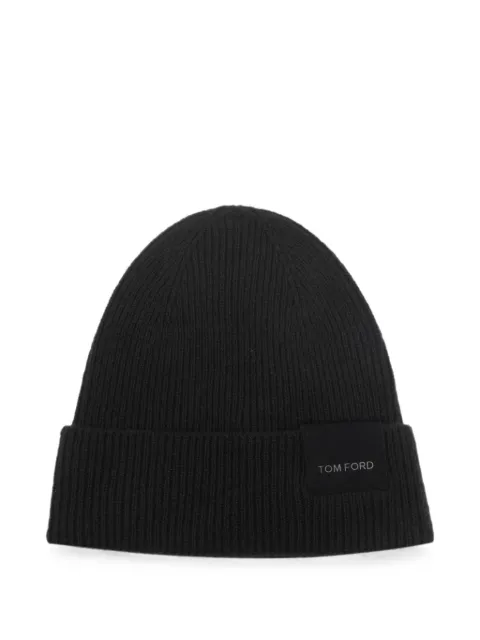 TOM FORD logo-patch ribbed-knit beanie hat Black KHR008YMK137EDJ