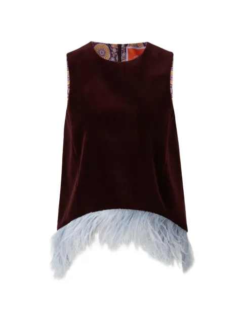 La DoubleJ La Scala feather-trim velvet top Red TOP0013VEL011SOLIDVELVETCOATVELVET