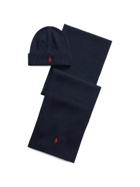 Polo Ralph Lauren logo-embroidered beanie hat and scarf set Blue 710951E11