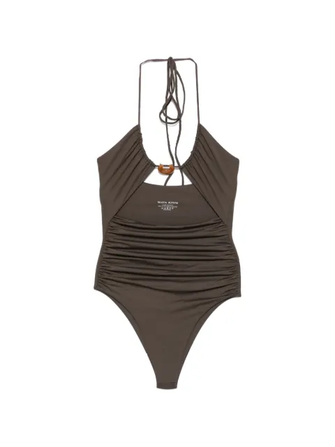 Magda Butrym embellished ruched swimsuit Brown 644726